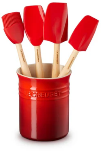 Le Creuset Silicone set met 4 Premium spatels in Spatelpot Kersenrood