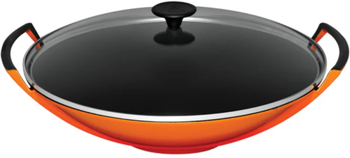 Le Creuset Gietijzeren wok in Oranjerood met glazen deksel 36cm 4,5l